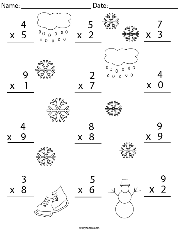 A fifth grade student working on a winter-themed worksheet with ten three-digit multiplication problems