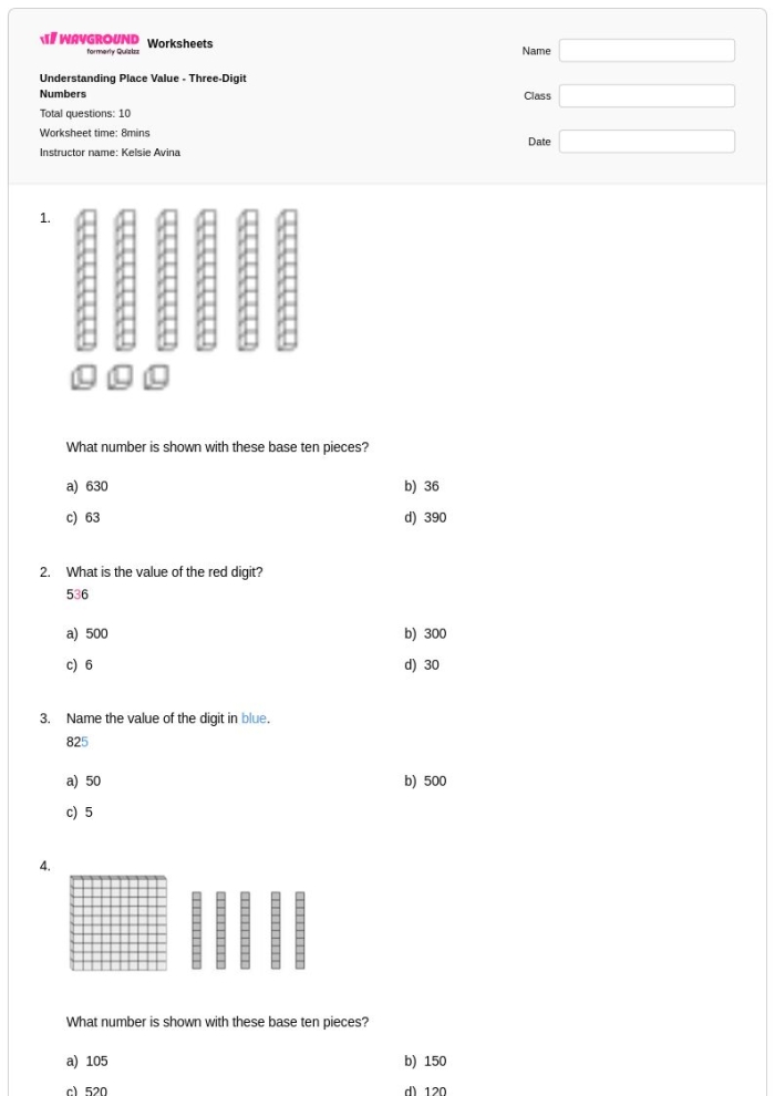 Second grade worksheet featuring two sections of practice problems for mastering place value of three-digit numbers