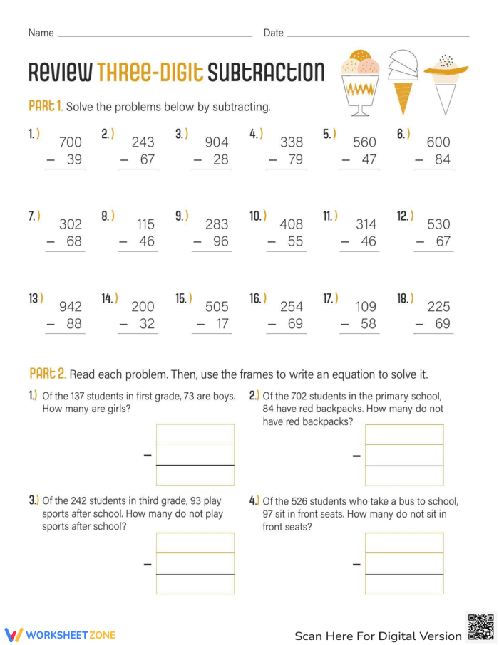 Three-Digit Subtraction Worksheet for Grade 2 Lesson 10 Second grade student completing a math worksheet with three-digit subtraction problems