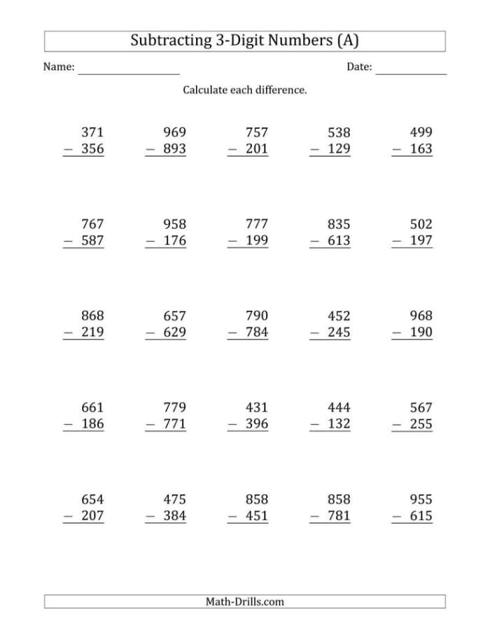 Review Three-Digit Subtraction Worksheet for Grade 2 Math Practice 5 Second grade student working on a three-digit subtraction practice worksheet