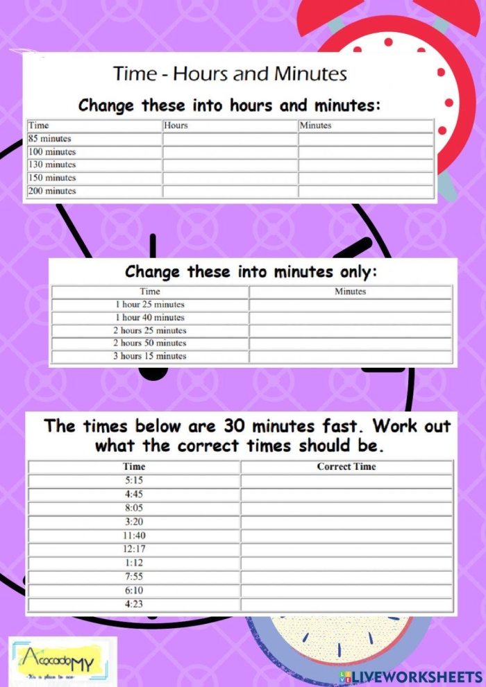 Worksheet for counting minutes in an hour for third graders learning phonics