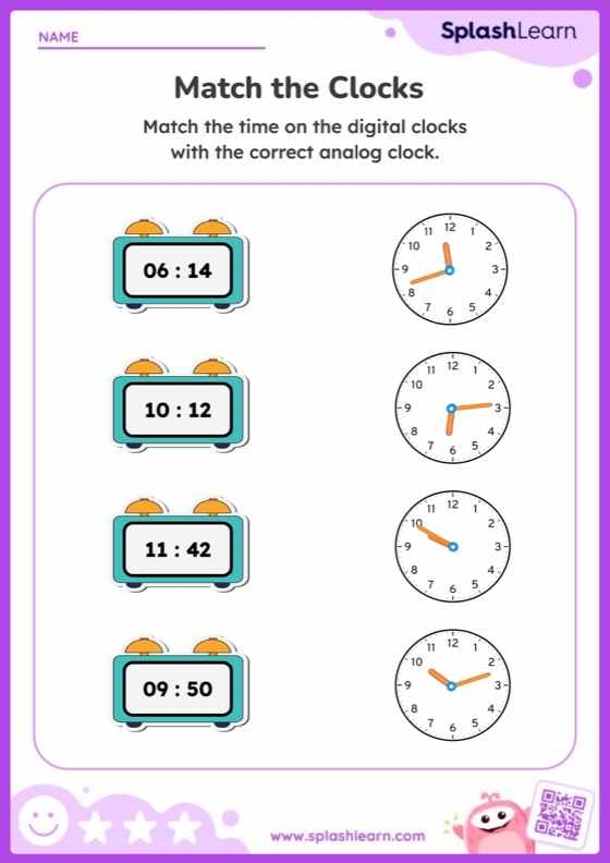 Kindergarten student practicing telling time by connecting clocks to the correct hour on a printable worksheet