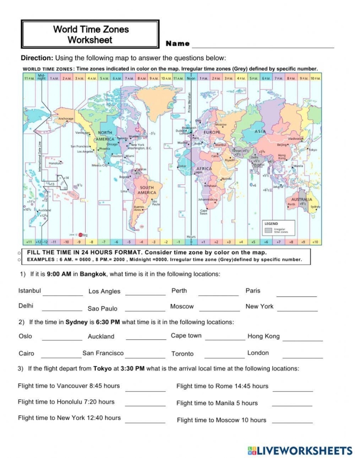 Third grade math worksheet for calculating time zone differences and geography practice