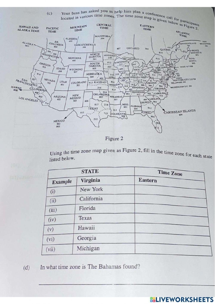 Third grade student completing a 50 states time zones geography worksheet