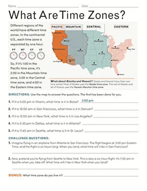 Third grade student using a map worksheet to calculate time differences across various global time zones