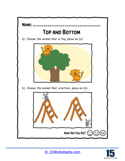 Colorful worksheet for first graders focusing on top and bottom pre-geometry concepts