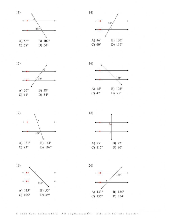 Geometry practice worksheet 25 featuring parallel lines and transversal angle properties Eighth grade math worksheet showing parallel lines intersected by a transversal with labeled interior and exterior angles