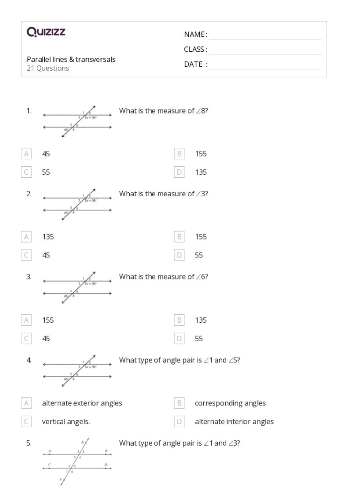 Transversals of Parallel Lines Geometry Worksheet Five Eighth grade math worksheet showing geometric angles formed by a transversal intersecting parallel lines