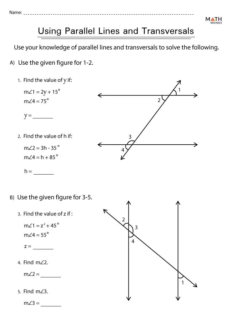 Transversals of Parallel Lines Worksheet Ninth Geometry Exercise Eighth grade math worksheet showing geometric diagrams of parallel lines intersected by a transversal