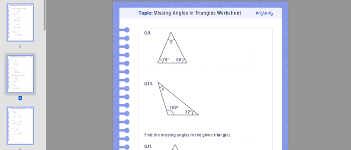 Eighth grade geometry worksheet featuring practice problems for calculating unknown interior angles in triangles