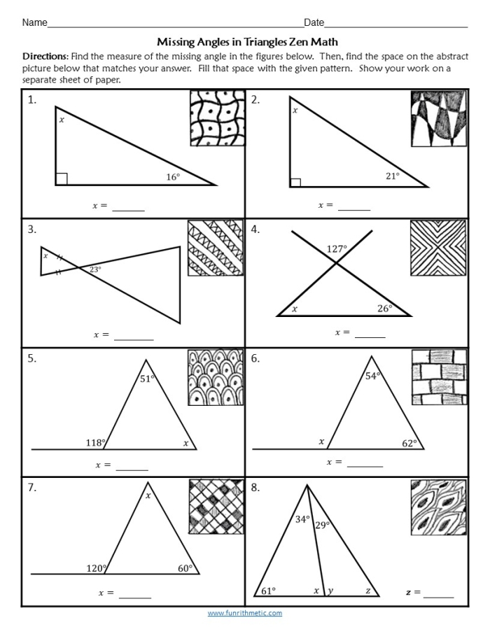 Eighth grade student working on a geometry worksheet about calculating missing interior angles of triangles