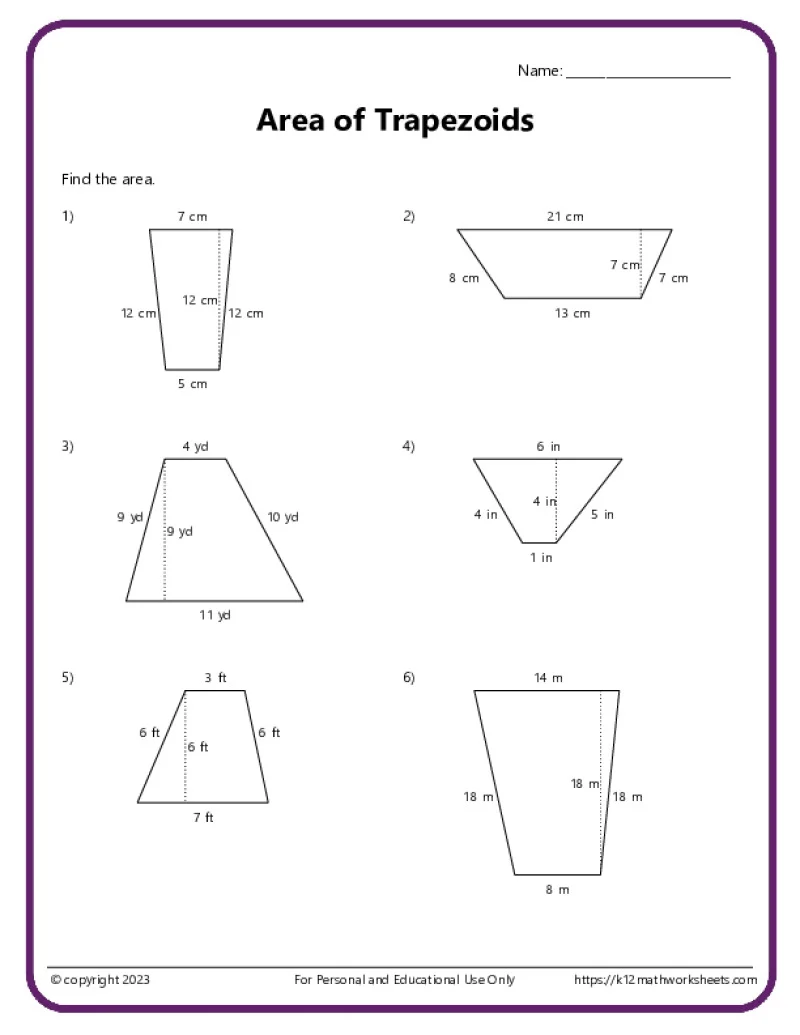 Worksheet featuring exercises on calculating the area of a triangle for sixth graders