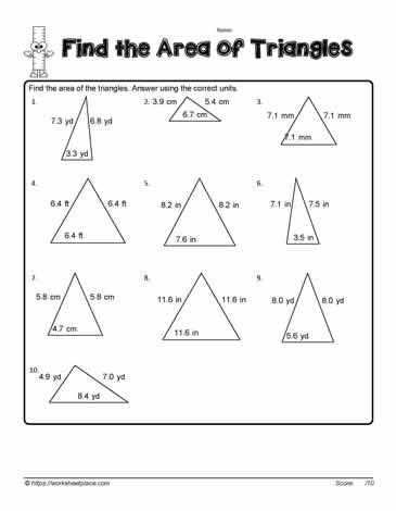 Worksheet for calculating the area of a triangle designed for sixth graders