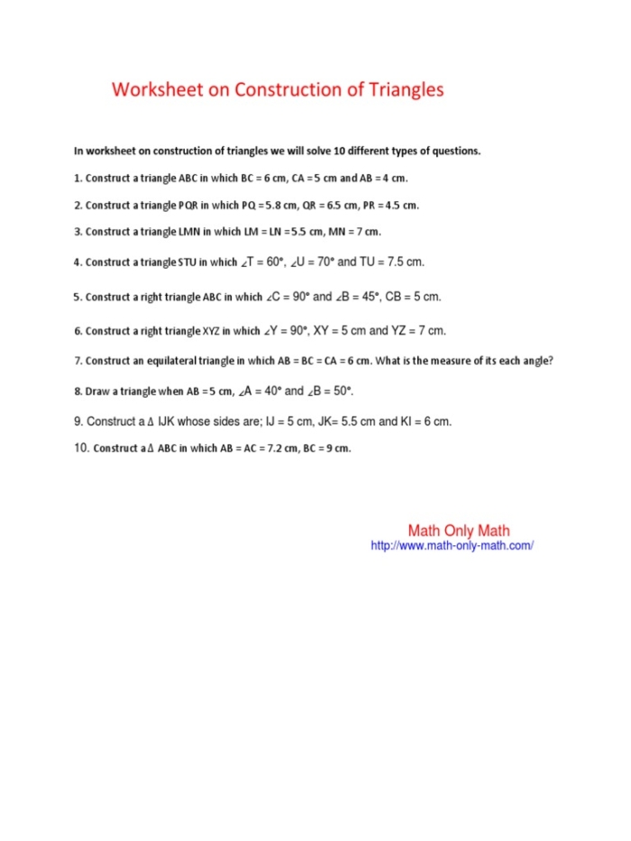 Constructing Triangles Given Conditions Worksheet Number 23 Seventh grade math worksheet featuring geometry problems on constructing triangles from specific side and angle conditions