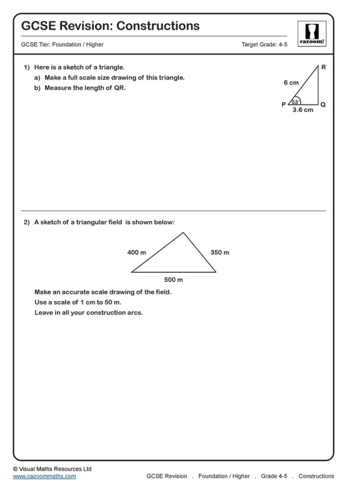Creating Triangles From Specific Conditions Practice Sheet for Grade 7 Seventh grade math worksheet showing triangle construction exercises with given side lengths and angle measurements