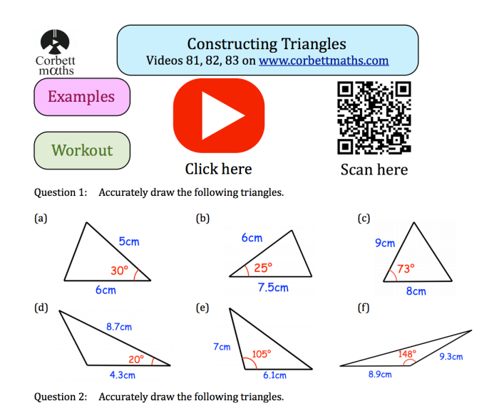 Constructing Triangles Given Conditions Geometry Worksheet 2 Seventh grade math worksheet page featuring geometric problems for constructing triangles with specific measurements