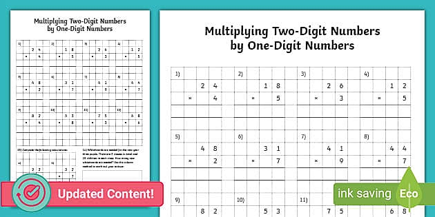 Third grade math worksheet featuring two-digit by one-digit multiplication problems