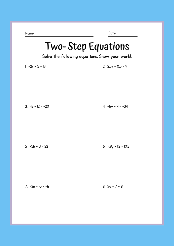 Students solving two-step equation word problems on a worksheet