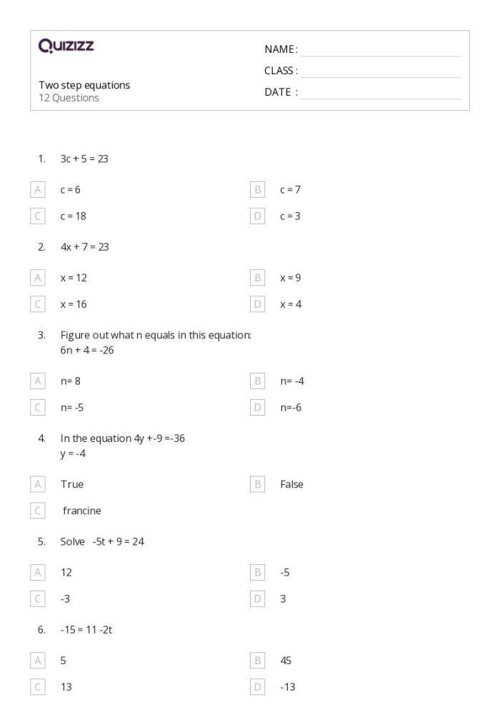 Seventh grade students solving sightseeing word problems with two-step equations on a math worksheet