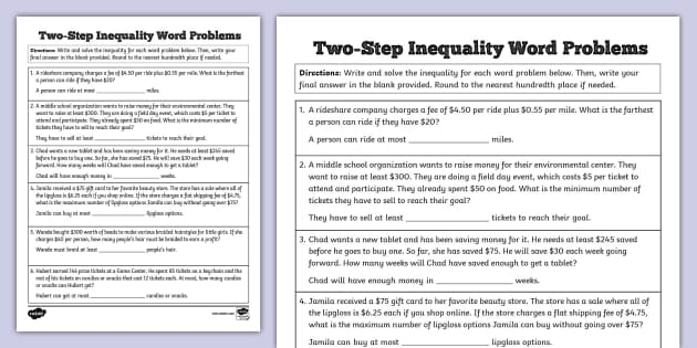 Seventh grade math worksheet featuring algebra problems about solving two-step inequalities in real-world scenarios