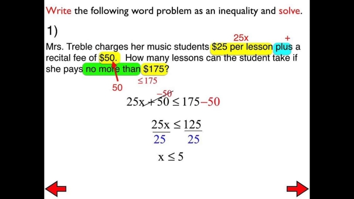 Seventh grade student solving two-step inequality word problems with real-world scenarios and algebraic expressions