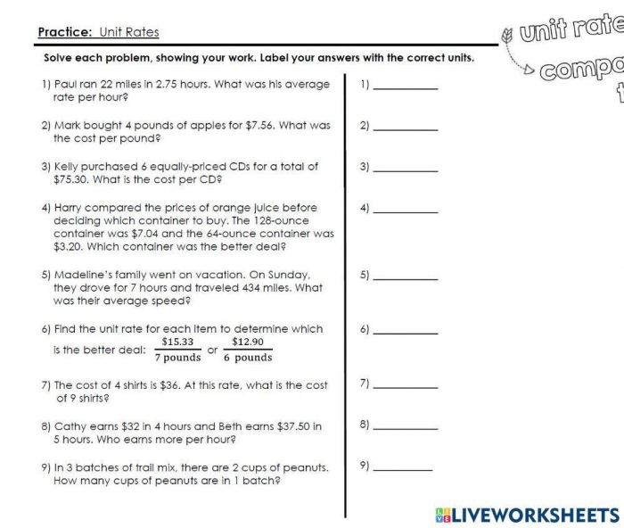 A sixth grade worksheet featuring math word problems to help students practice calculating unit prices.