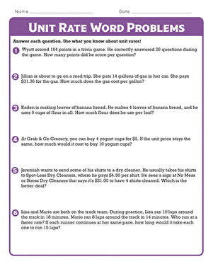 Sixth grade math worksheet featuring real-world unit rate word problems for data and graphing practice
