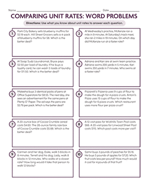 Comparing Unit Rates Word Problems Practice Sheet for Middle School Math Sixth grade students solving unit rate comparison problems in real world contexts on a math worksheet