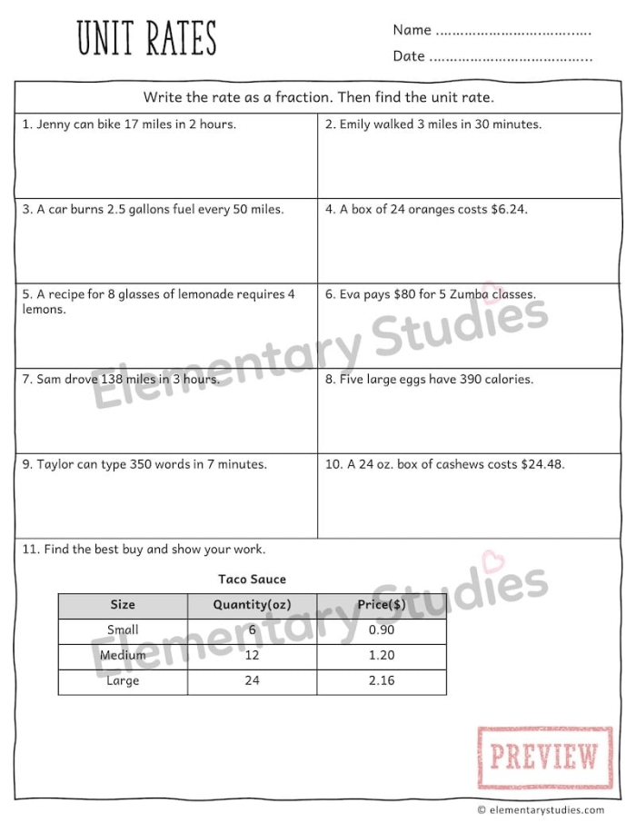 Comparing Unit Rates Word Problems Math Worksheet for Grade 6 Image 20 Sixth grade student solving unit rate comparison problems with real world shopping and speed scenarios
