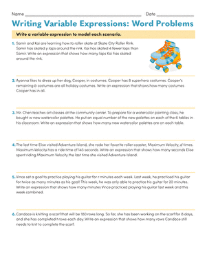 Sixth grade algebra worksheet for practicing how to write variable expressions from word problems