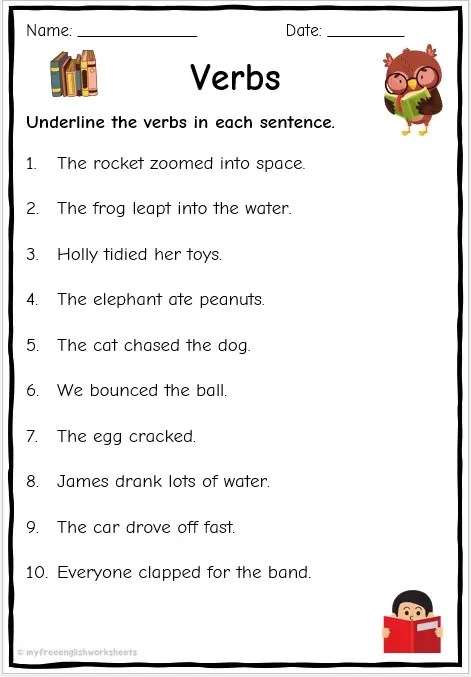 Identifying Verbs Worksheet for First Grade Activity 16 First grade student completing a worksheet to identify verbs in a sentence