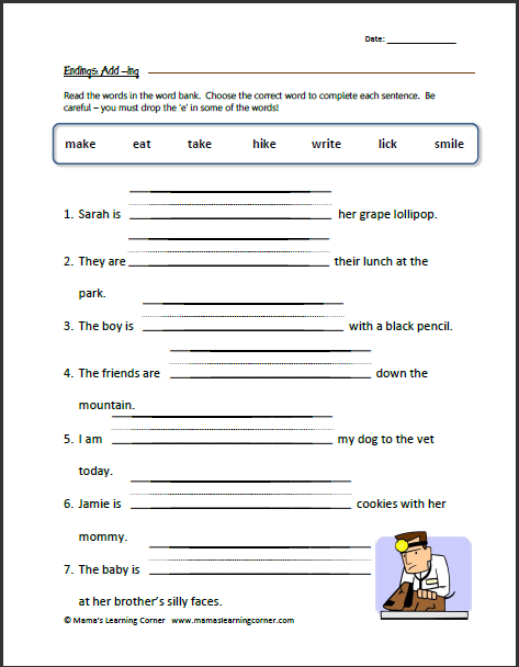 Worksheet featuring -ed and -ing verb endings practice for third graders