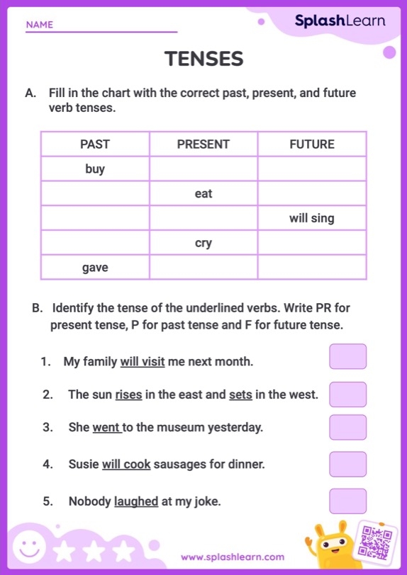 Fourth grade worksheet featuring exercises for identifying past present and future verb tenses number eight