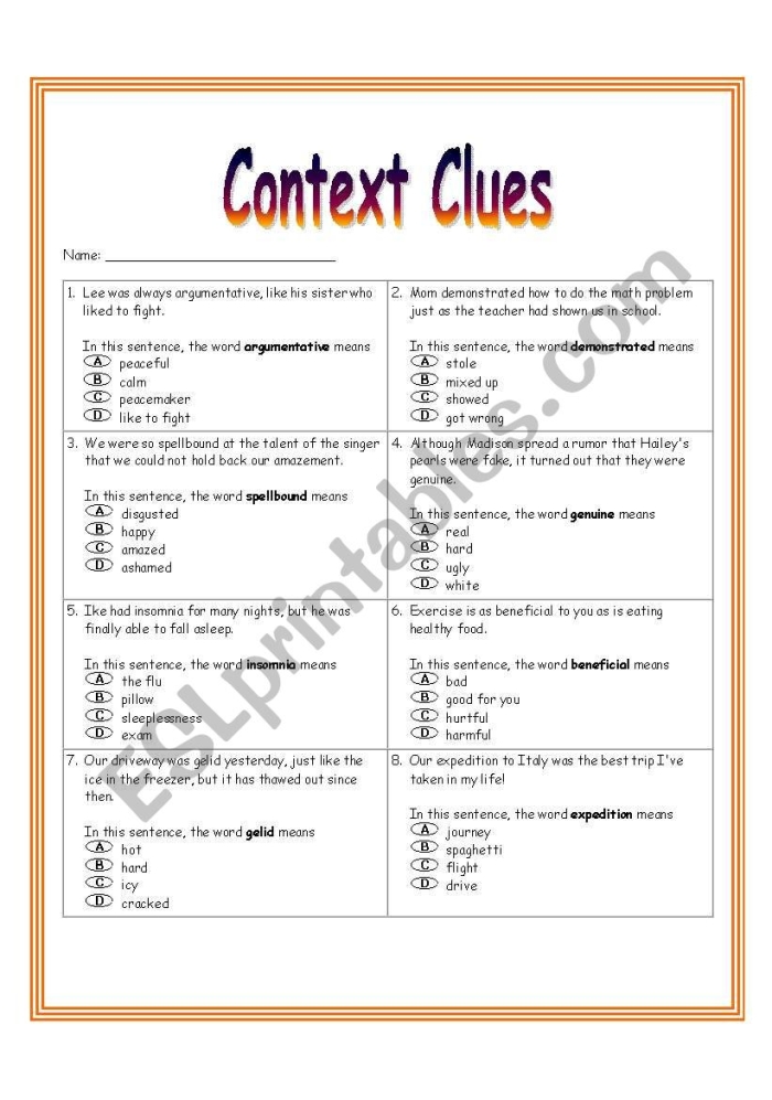 Fourth grade history worksheet focused on identifying vocabulary meanings through context clues