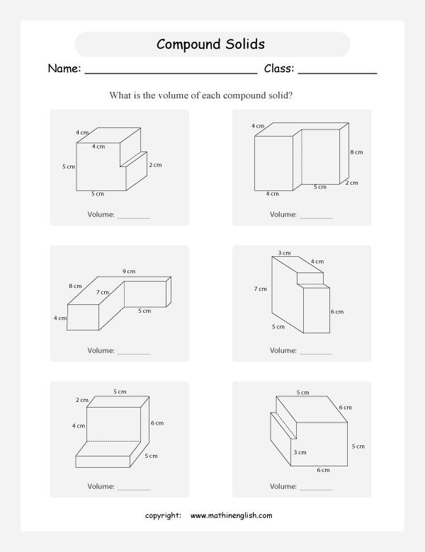 Fifth grade students solving for the volume of composite irregular 3D shapes on a worksheet