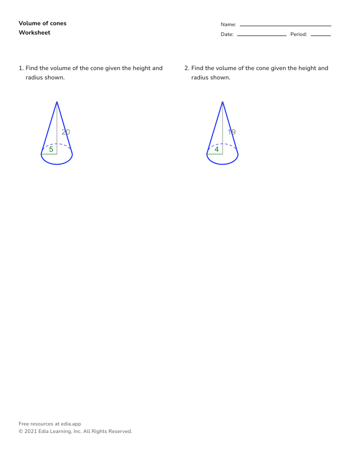 Eighth grade math worksheet focusing on calculating the volume of various geometric cones