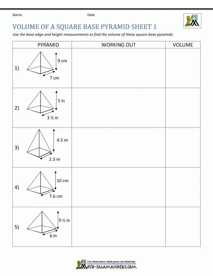Fifth grade worksheet showing geometric shapes to practice calculating volume using base area and height