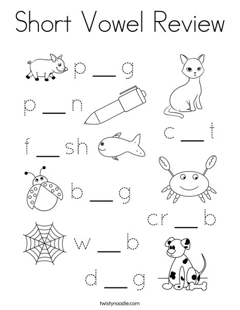Worksheet displaying a review of long and short vowel sounds for first graders