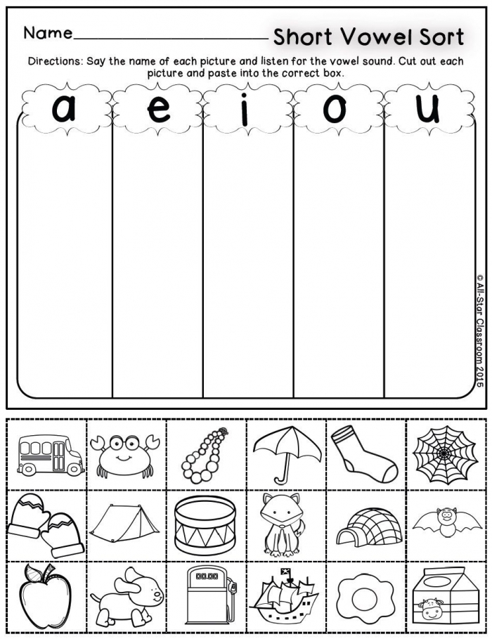 First grade student worksheet featuring an educational activity to practice identifying long and short vowel sounds