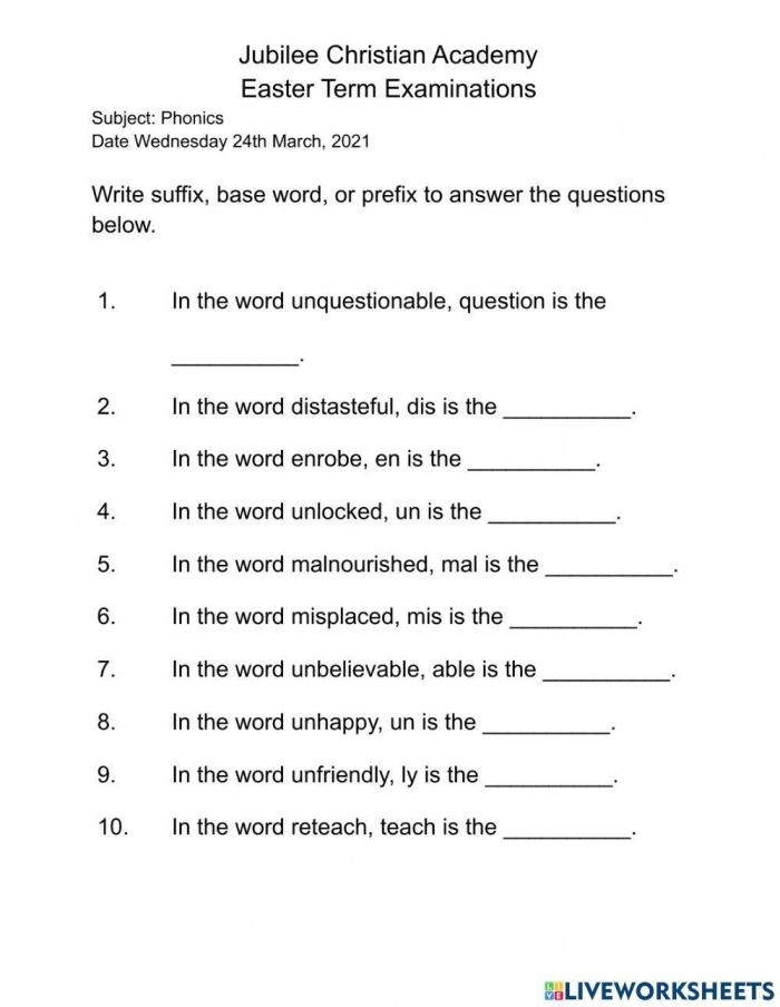 Worksheet for identifying base words, prefixes, and suffixes for third graders