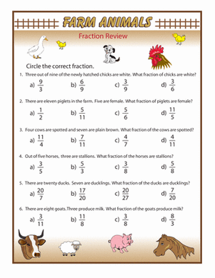 Third grade math worksheet for writing fractions based on shaded geometric shapes