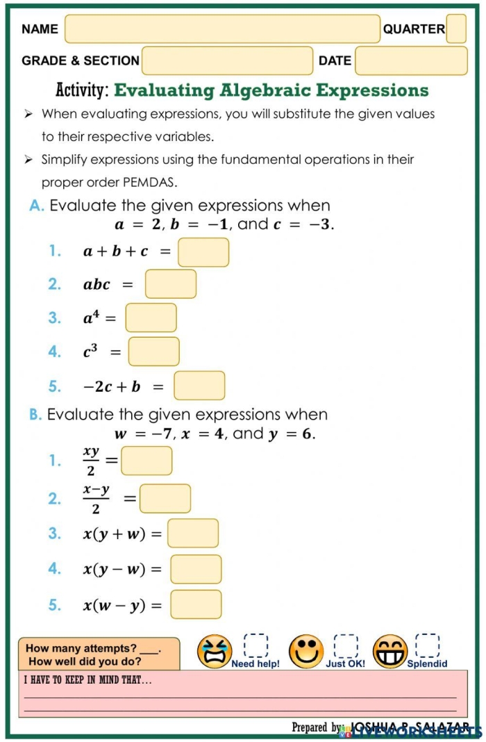 Sixth grade student working on a math worksheet for evaluating algebraic expressions with variable substitution