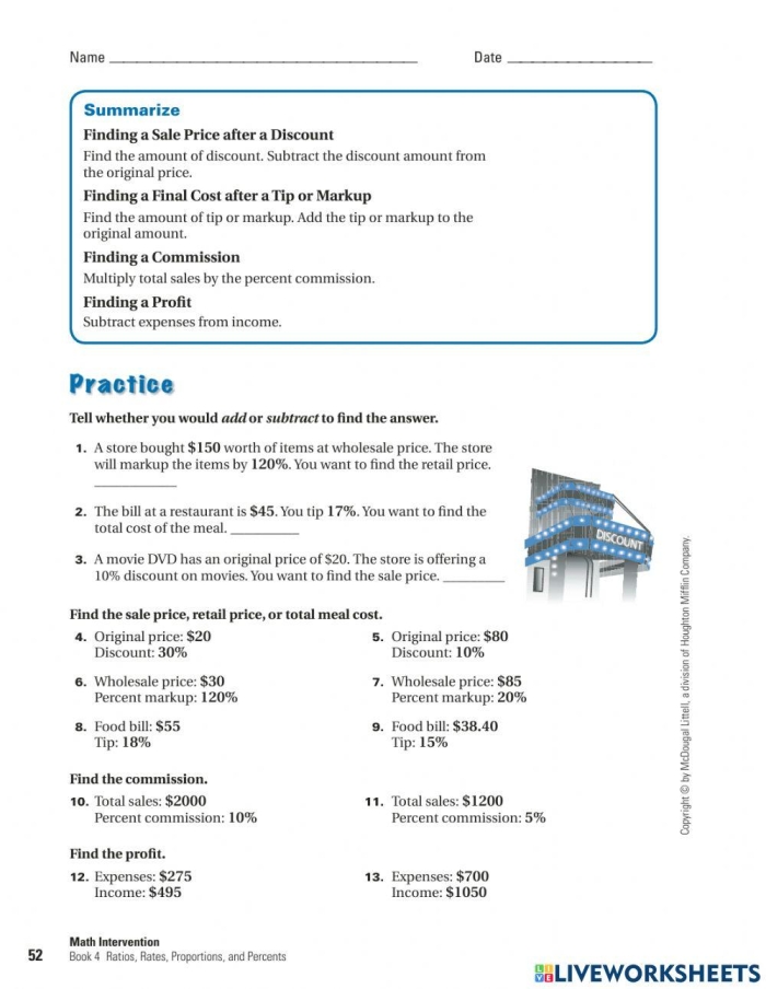 Sixth grade student working through discount calculation problems using percentages and decimals on a math worksheet