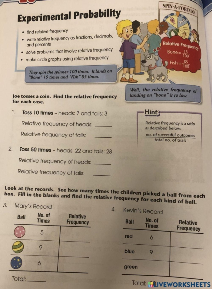 Seventh grade students practicing how to make predictions using experimental probability on a math worksheet