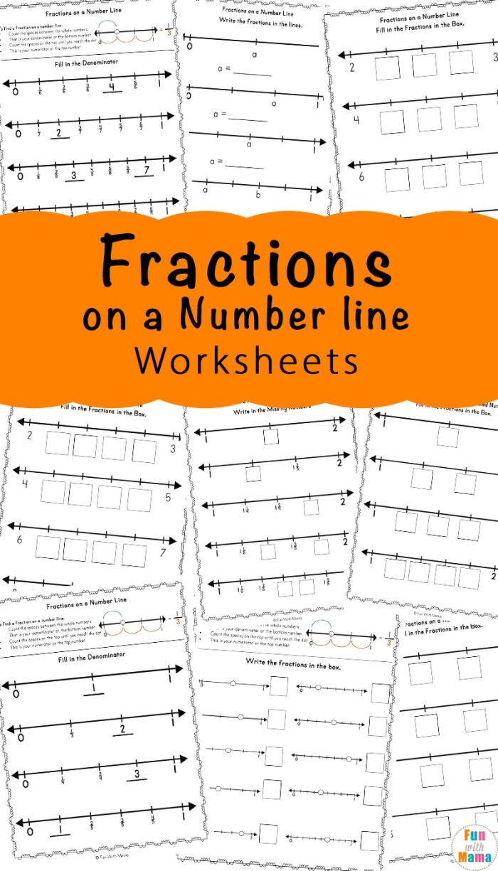Third grade student practicing how to draw fractions on a number line worksheet 9