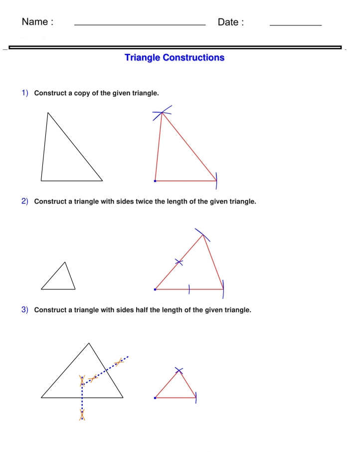 Creating Triangles From Given Conditions Practice Activity for Middle School Math Seventh grade students constructing triangles with given side lengths and angle measurements on a geometry worksheet