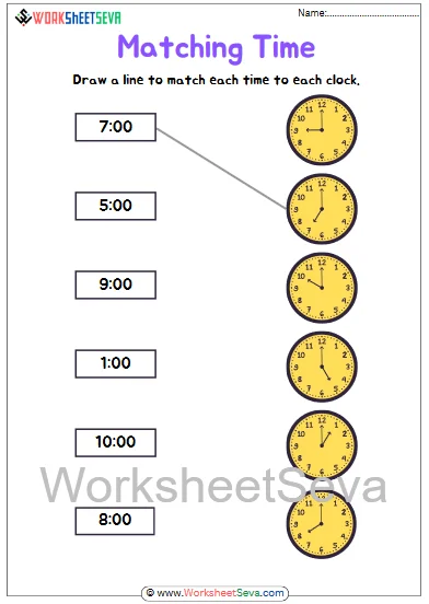 Second grade students matching analog clocks to digital time displays on a math worksheet for learning to tell time