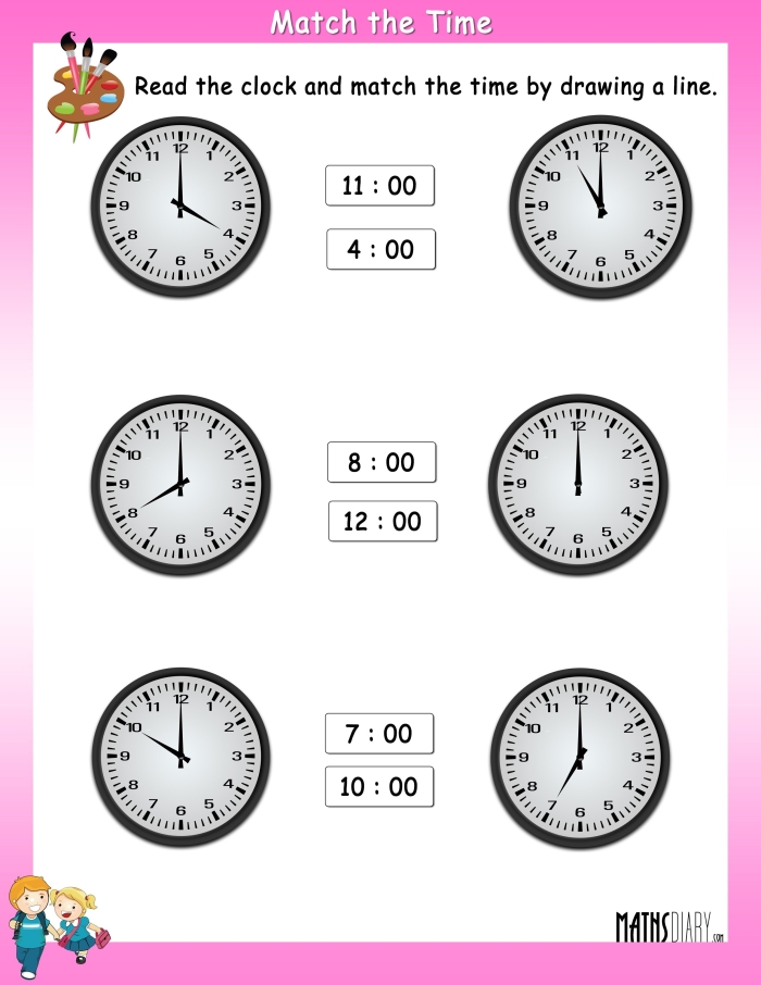 Second grade student practicing telling time by matching analog clock faces to digital displays on worksheet 21