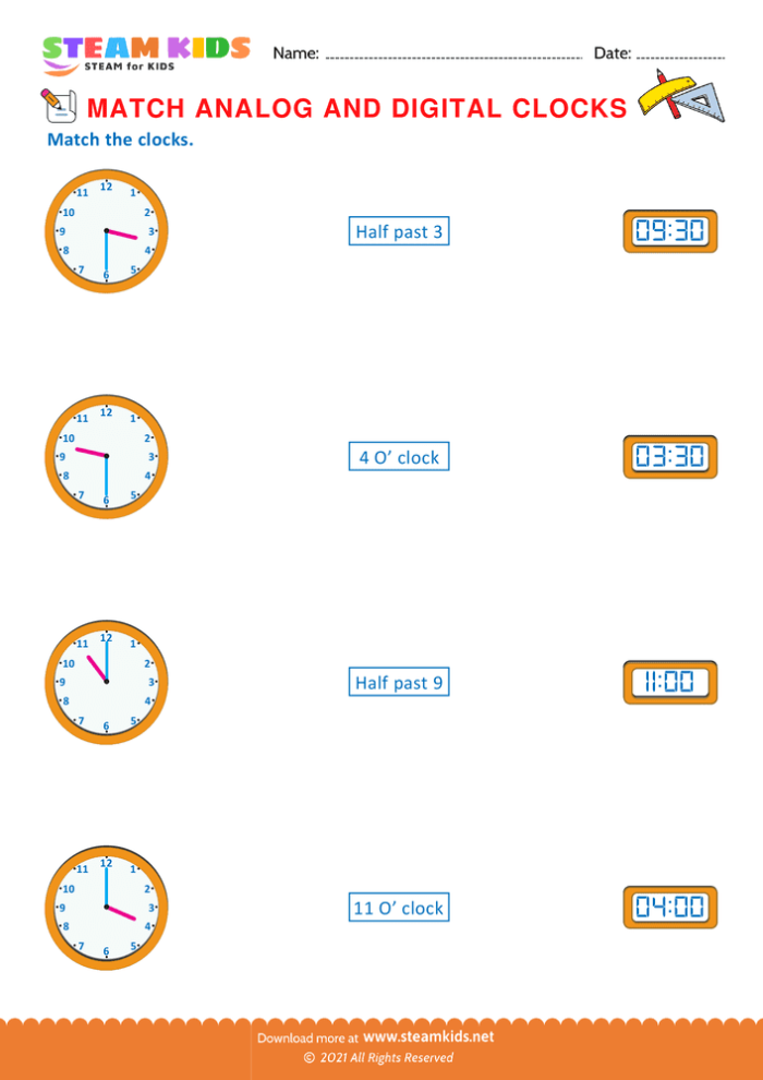 Second grade students matching analog clocks showing different times to their corresponding digital clock displays for time-telling practice worksheet 17