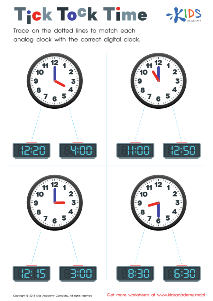 Second grade student completing a Match the Clocks worksheet by connecting analog faces to digital times